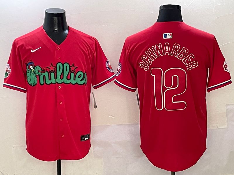 Men Philadelphia Phillies 12 Schwarber Red three generations Joint Name 2025 Nike MLB Jersey style 1